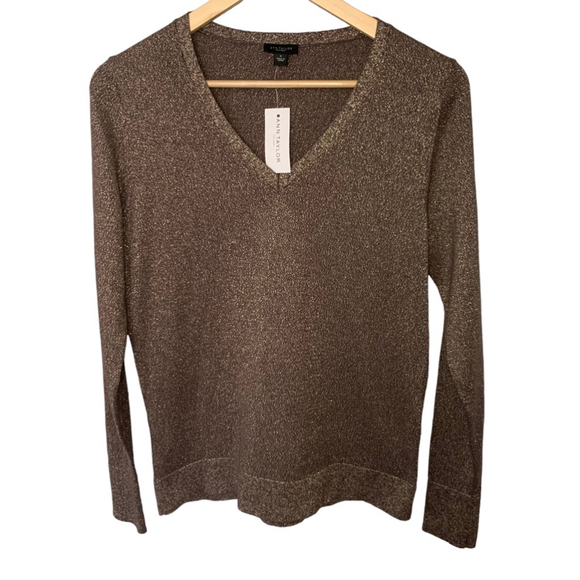 Ann Taylor Factory Sweaters - ANN TAYLOR FACTORY V-Neck Brown‎ Gold Metallic Long Sleeve Sweater Women Medium